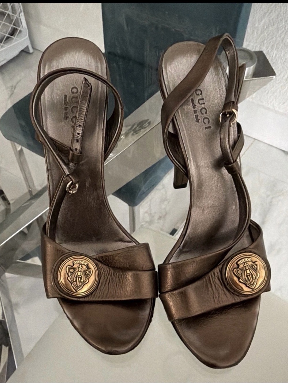 Gucci Bronze Leather Medallion Slingback Heels
